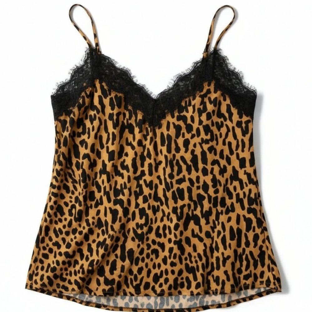 BP Satin Leopard Print Lace Trim Cami XS Brown Black Animal Print NWT